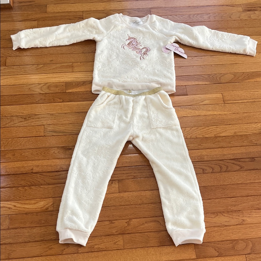 Sweet Dreams by Young Hearts Cozy Cream Kids Plush Pajamas with Unicorn Design